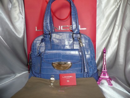 SUPERBE SAC/HANDBAG ADJANI LANCEL CUIR FACON CROCO BLEU LAPIS LAZULLI