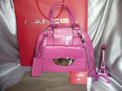 SUPERBE SAC/HANDBAG ADJANI LANCEL PM CUIR FACON CROCO ROSE CONFETTI